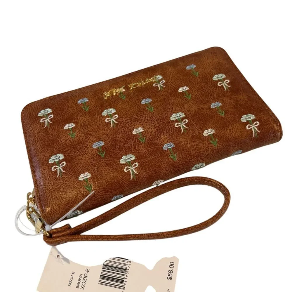 Brown Floral Women's Wallet w/ Blue & White Embroidered Flowers. Very Pretty